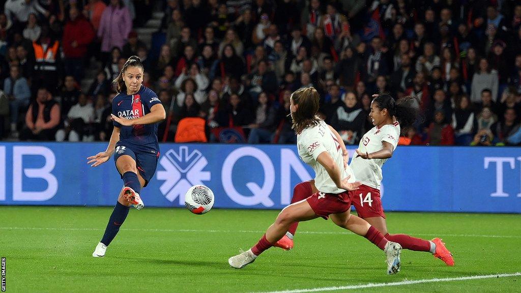 Lieke Martens fires in the first of her goals against Manchester United