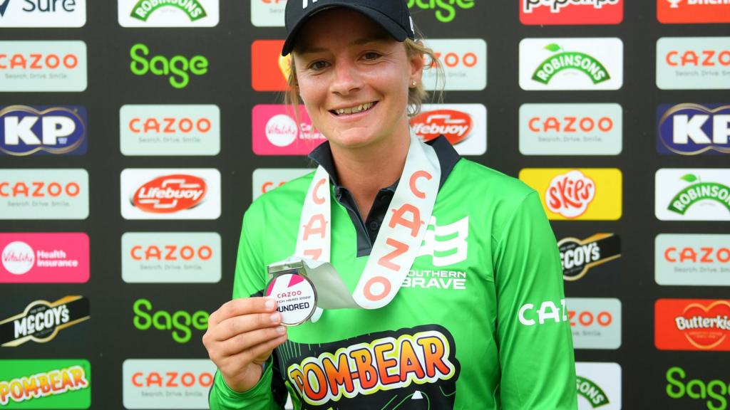 Southern Brave batter Danni Wyatt with her medal for winning match hero