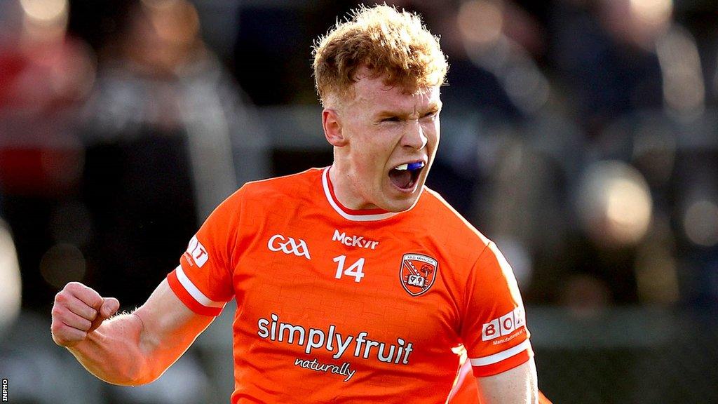 Conor Turbitt celebrates after scoring Armagh's first goal at Netwatch Cullen Park