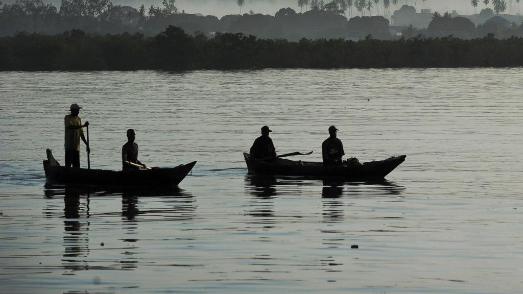 Fishermen paddle to shore at dawn at Stone Town's port in Zanzibar, Tanzania - 29 October 2015