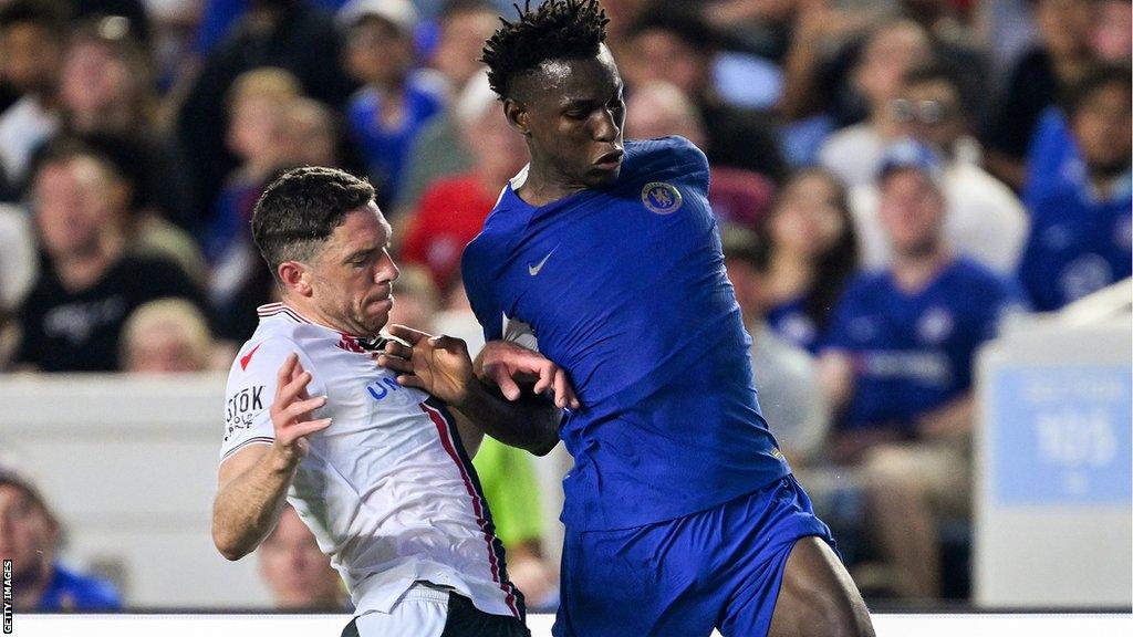 Ben Tozer (left) in action against Chelsea's Nicolas Jackson on the US tour.