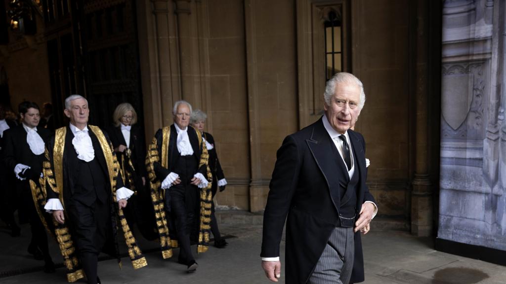 King Charles III leaves the Palace of Westminster after the presentation of Addresses by both Houses of Parliament in Westminster Hall at the Houses of Parliament on September 12, 2022 in London, England.