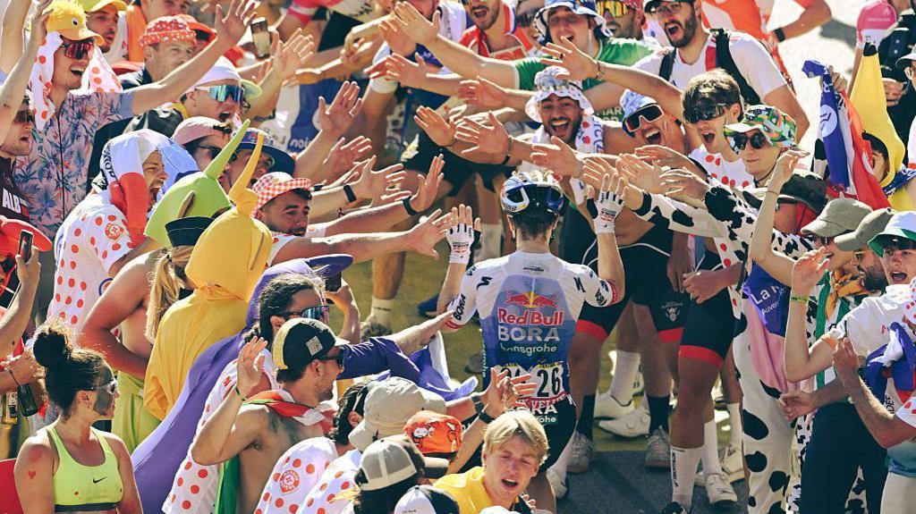 Fans watch Tour de France on Alpe d'Huez