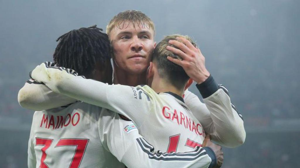 Garnach, Hojland and Mainoo celebrate