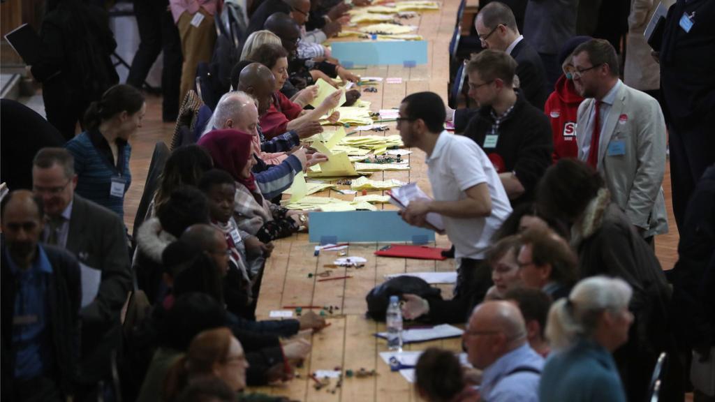 Count volunteers sort ballot papers at Lindley Hall, Westminster