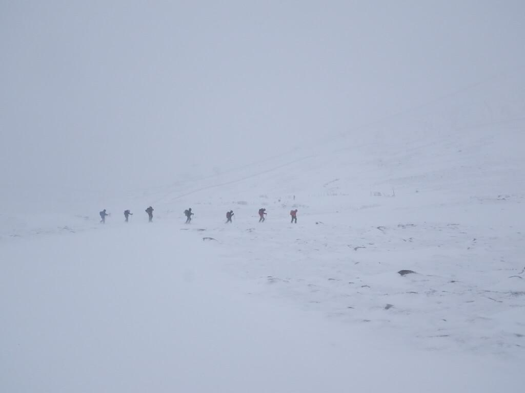 Hillwalkers in a blizzard in Northern Cairngorms on 4 March