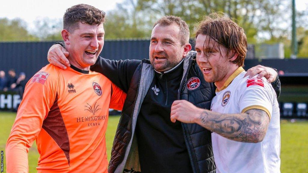 Paul Wotton celebrates with Tyler Harvey and James Hamon