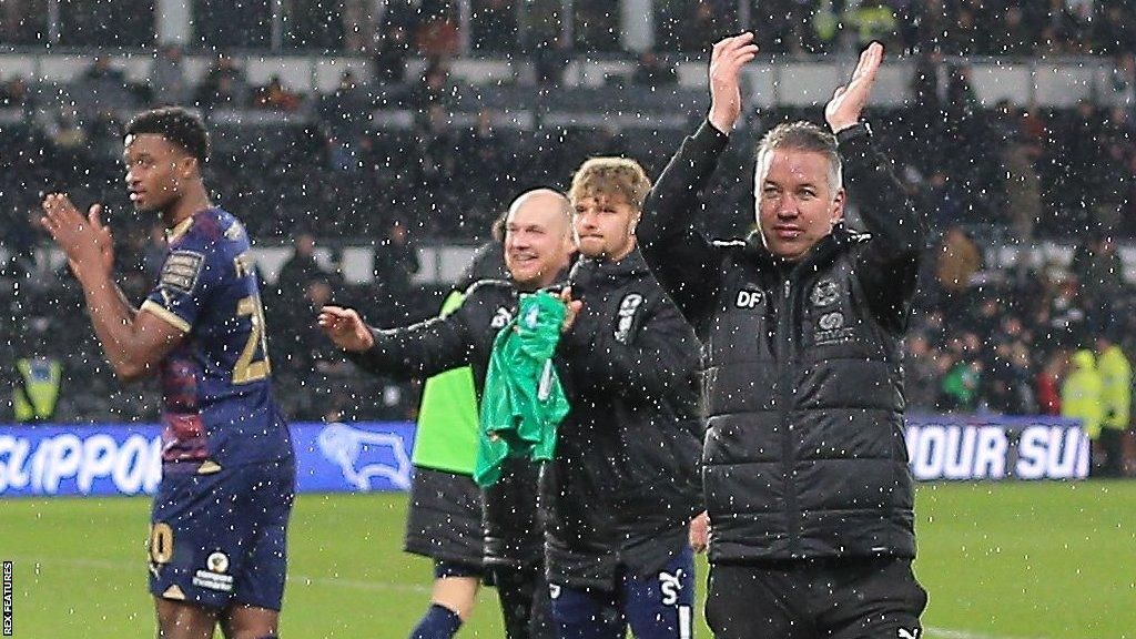 Darren Ferguson celebrates victory at Pride Park