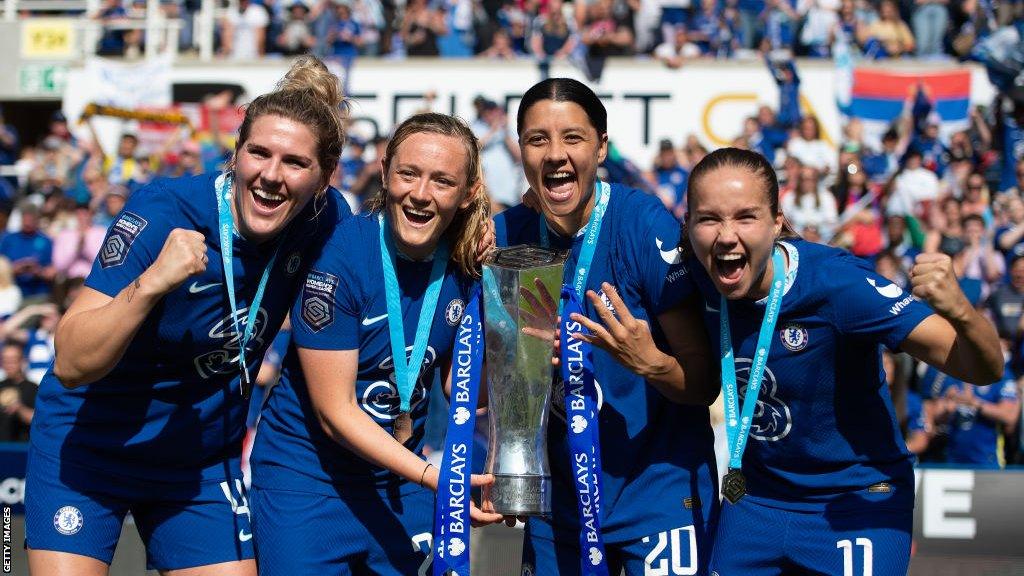 Chelsea's Millie Bright, Erin Cuthbert, Sam Kerr and Guro Reiten with the WSL trophy