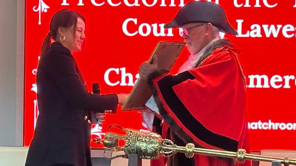 Chantelle Cameron receives the Freedom of Northampton at a ceremony in the town