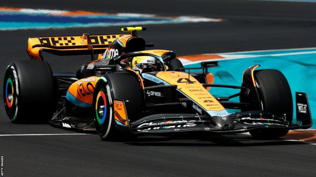 Lando Norris driving the 2023 McLaren F1 car at the Miami Grand Prix