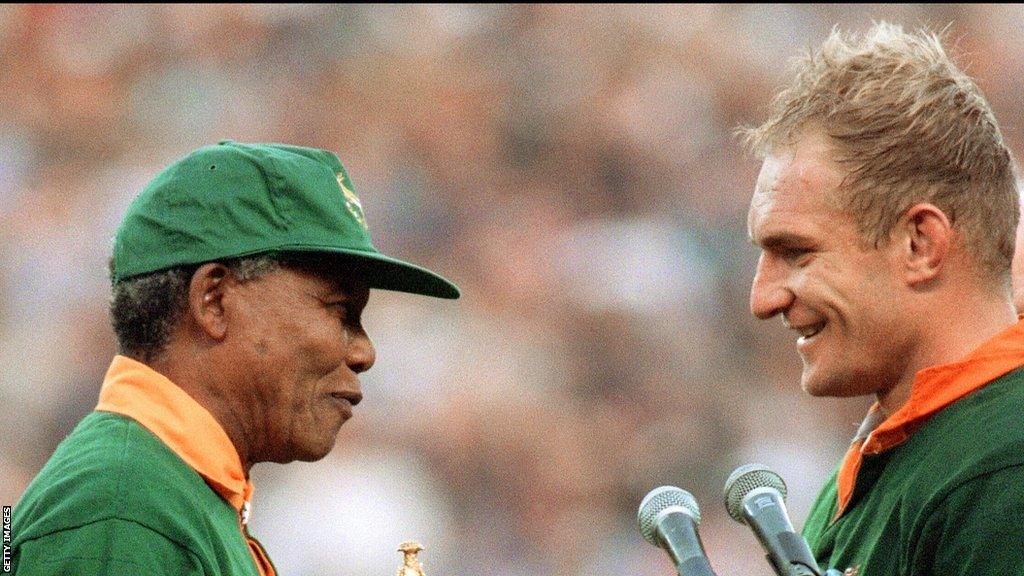 Nelson Mandela presented Francois Pienaar with the rugby union World Cup in 1995 at Ellis Park, Johannesburg