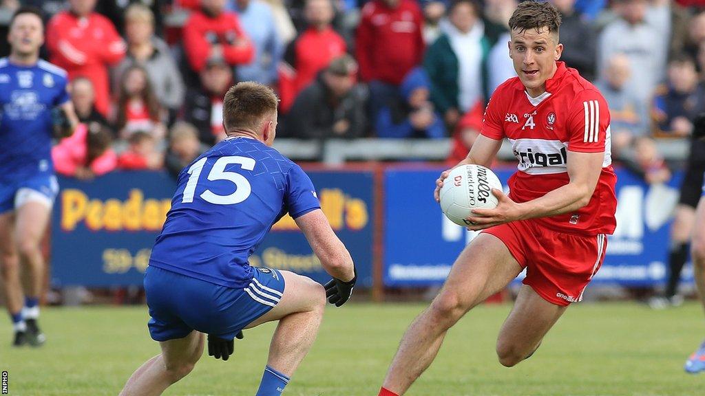 Derry's Shane McGuigan attempts to get past Monaghan's Ryan McAnespie during the Super 16s clash between the counties in late Mayo