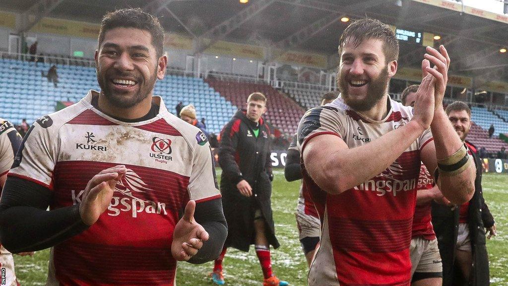 Charles Piutau and Stuart McCloskey celebrate a European Champions Cup win over Harlequins in 2017