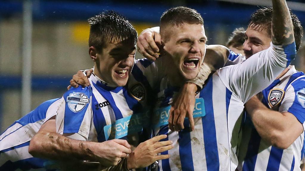 Jordan Allan (centre) is congratulated after putting Coleraine ahead against Crusaders at the Showgrounds