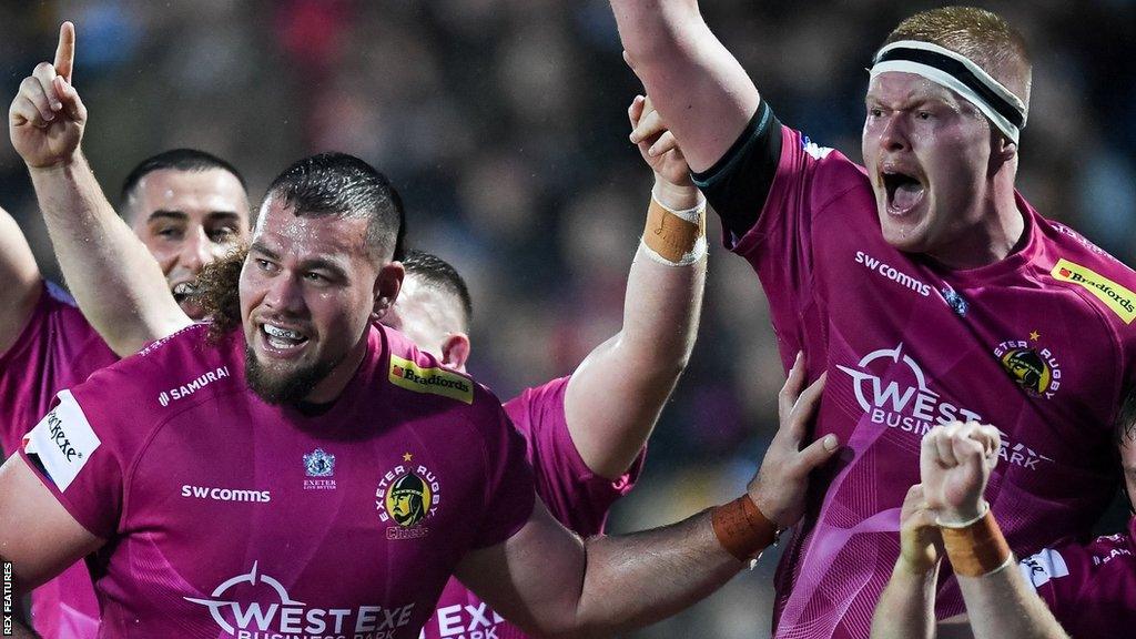 Exeter celebrate Premiership Rugby Cup win over Bath