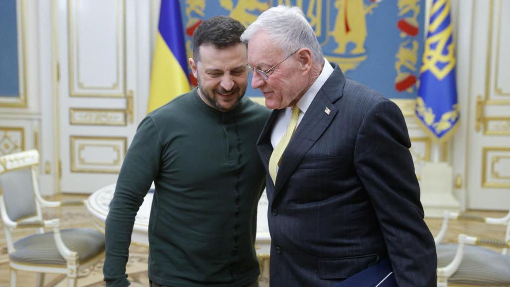 Ukrainian President Volodymyr Zelensky (L) and US Special Presidential Envoy for Russia and Ukraine Keith Kellogg (R) attend their meeting in Kyiv, Ukraine, 20 February 202