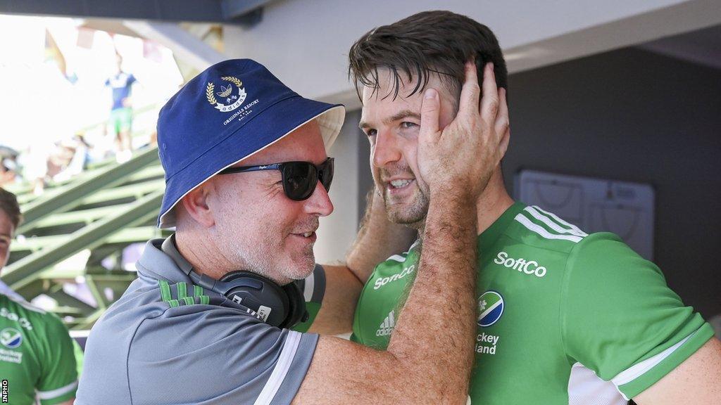 Ireland head coach Mark Tumilty celebrates beating Malaysia