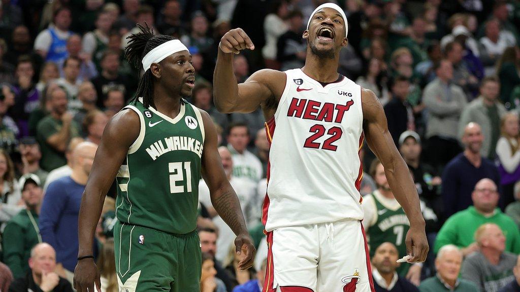 Miami Heat's Jimmy Butler celebrates during the game five win over the Milwaukee Bucks
