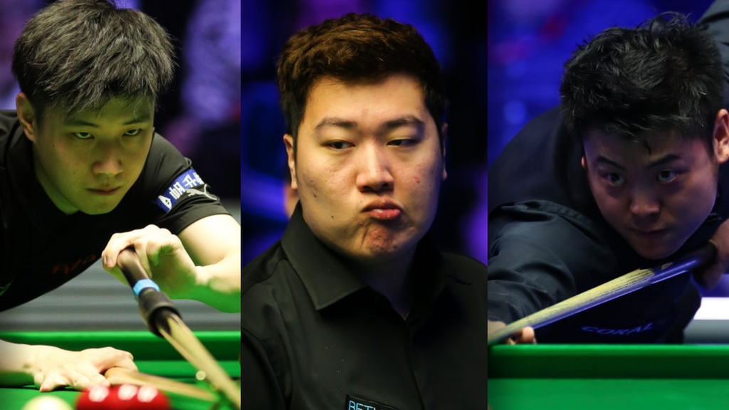 Snooker players Zhao Xintong, Yan Bingtao and Liang Wenbo