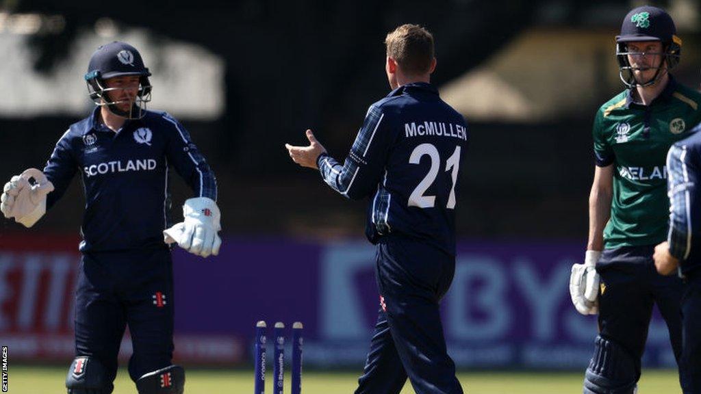 Brandon McMullen celebrates after taking one of his five wickets