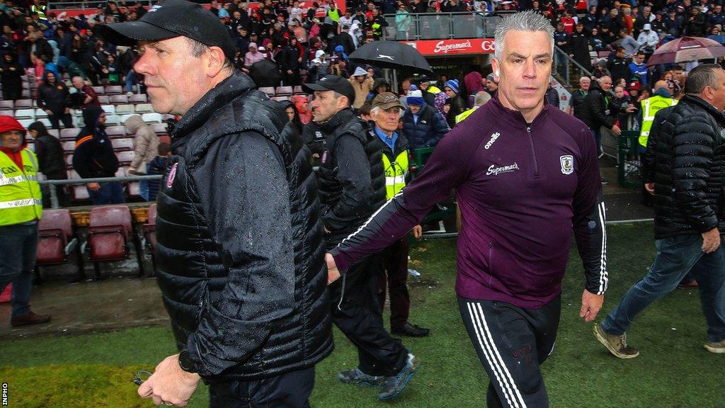 Galway manager Padraic Joyce shakes hands with Tyrone joint-manager Feargal Logan after Saturday's game at Pearse Stadium