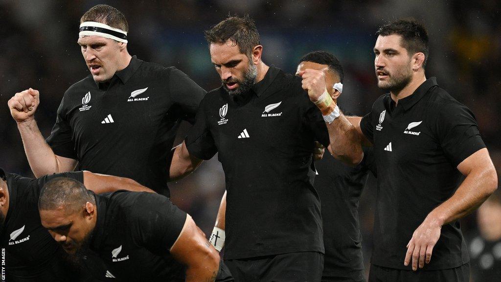 Brodie Retallick, Samuel Whitelock and Luke Jacobson of New Zealand prepare for a scrum