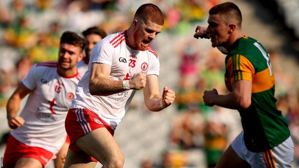 Cathal McShane celebrates after scoring one of Tyrone's goals in the 3-14 to 0-22 win over Kerry in the 2021 All-Ireland semi-final