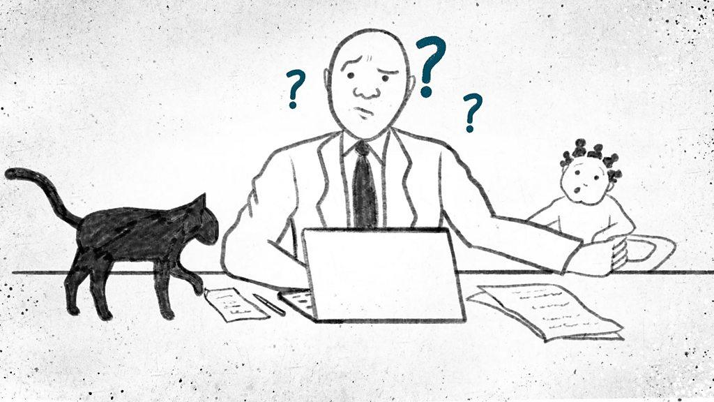 Man sitting at a desk, laptop open, black cat on his right and baby on his left. There are question marks around his head.