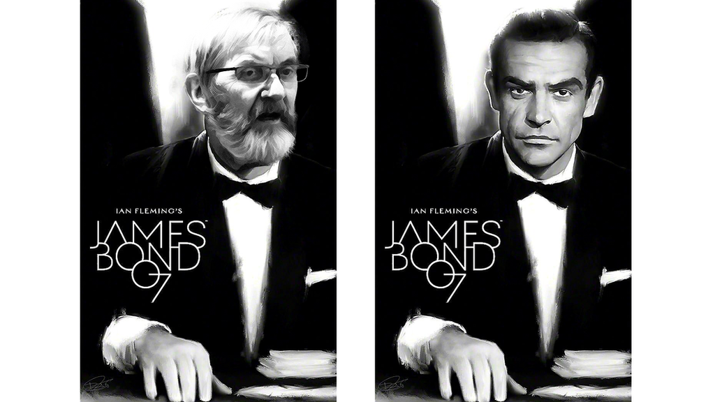 A side by side of Roger dressed as James Bond next to the image of Seam Connery as James Bond also as a side by side.