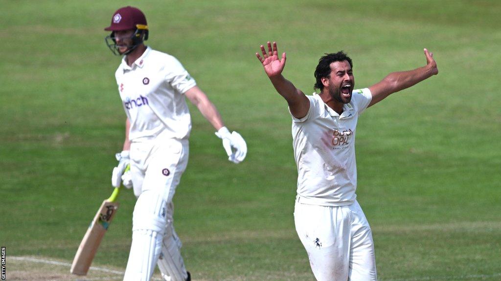 Kent's Wes Agar celebrates taking the wicket of Northamptonshire's Rob Keogh