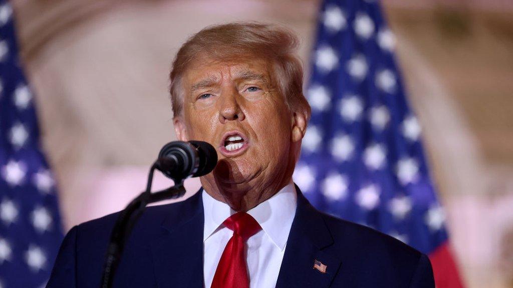 Donald Trump speaks into a microphone at a campaign event