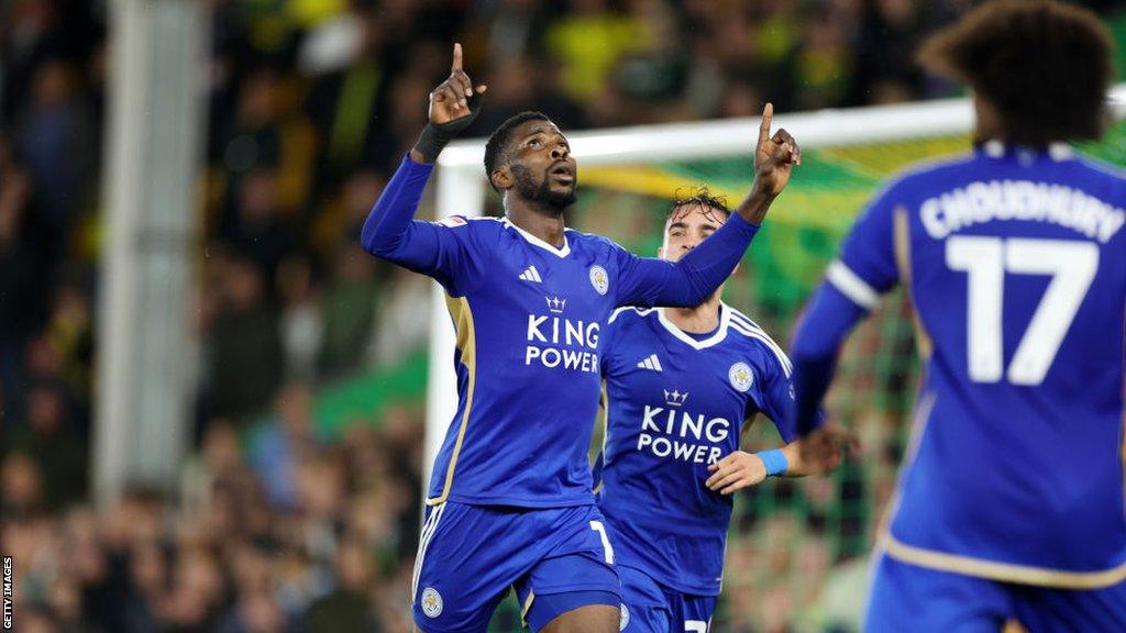 Leicester celebrate Kelechi Iheanacho's goal at Norwich