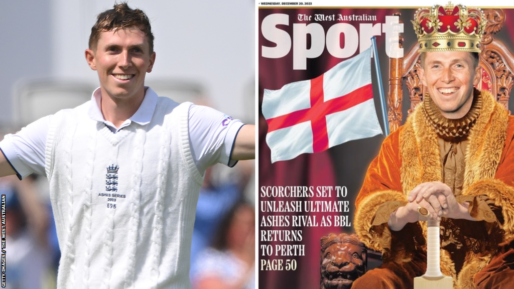 A split image of Zak Crawley (left) celebrating a century and (right) the England opener mocked up in robes and a crown, sitting on a throne on the back page of The West Australian newspaper