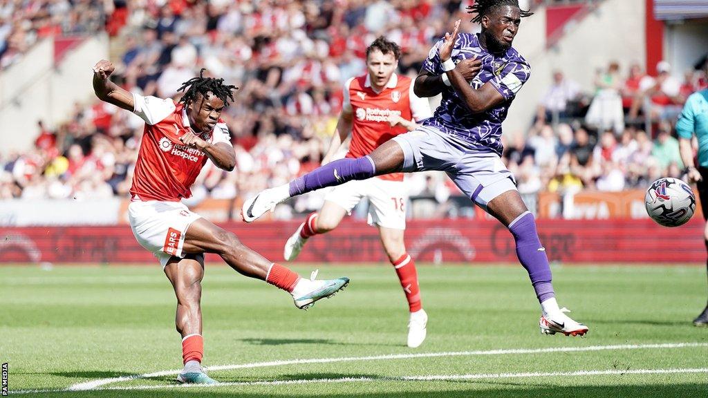 Dexter Lembikisa, on loan at Rotherham United from Wolverhampton Wanderers, scores against Norwich City