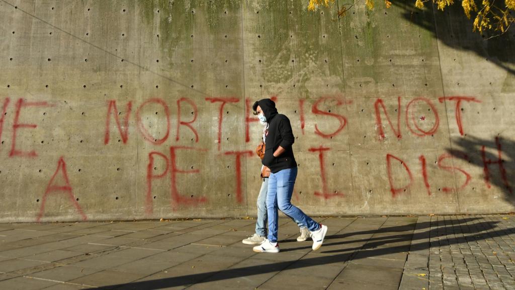 man in mask in front of graffiti which reads: The North is not a petri dish