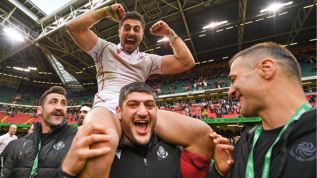 Georgia players celebrate victory over Wales in Cardiff