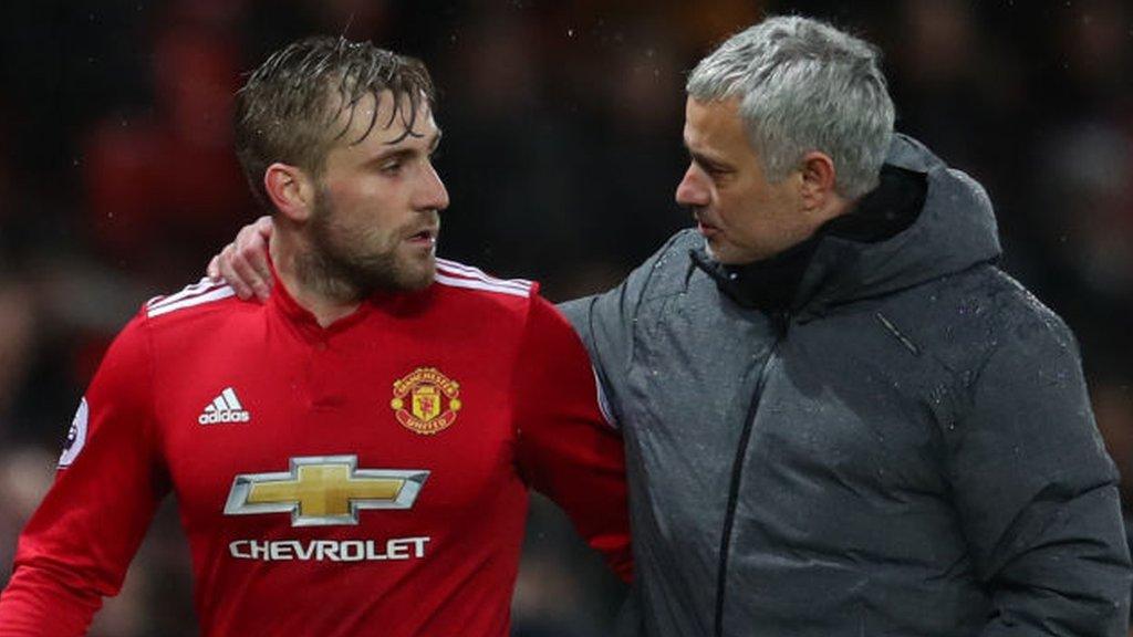 Manchester United defender Luke Shaw with manager Jose Mourinho