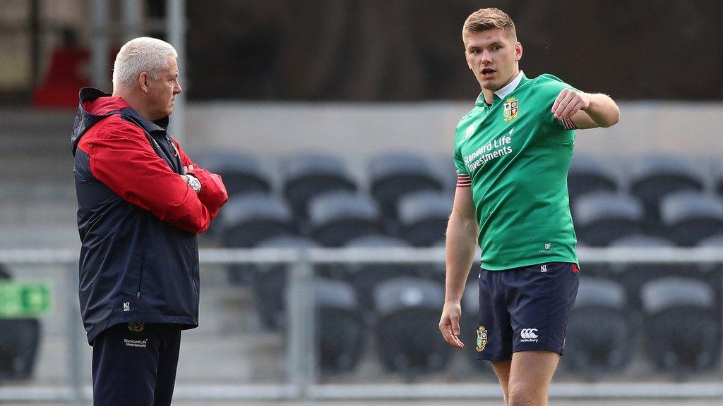 Warren Gatland and Owen Farrell pictured during a Lions training session