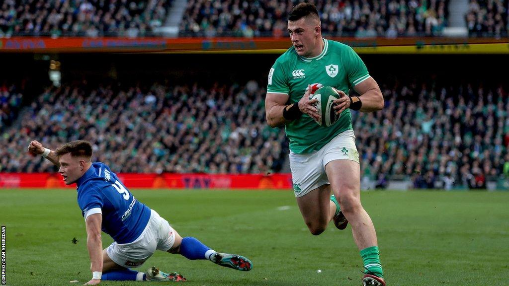 Dan Sheehan scores the first of his two tries against Italy in the Six Nations earlier this month