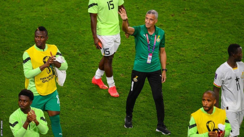 Chris Hughton waves to fans during the FIFA World Cup Qatar 2022 Group H match between Ghana and Uruguay