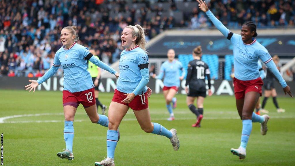 Lauren Hemp celebrates scoring for Manchester City