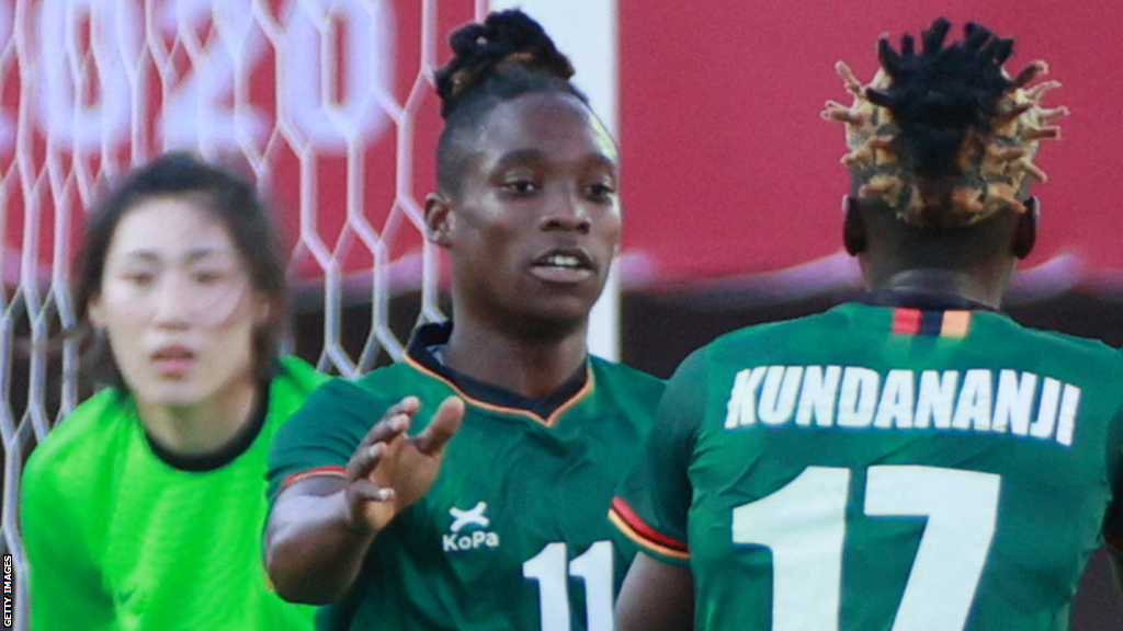 Barbra Banda celebrates scoring for Zambia against China at the Olympic Games in 2021