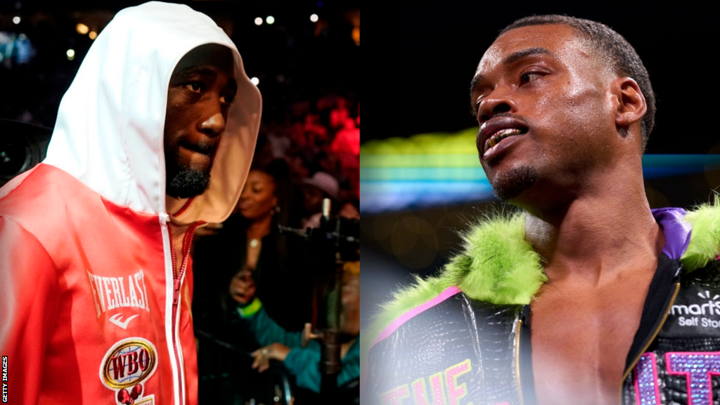 Side by side graphic of Terence Crawford and Errol Spence during their ring walks