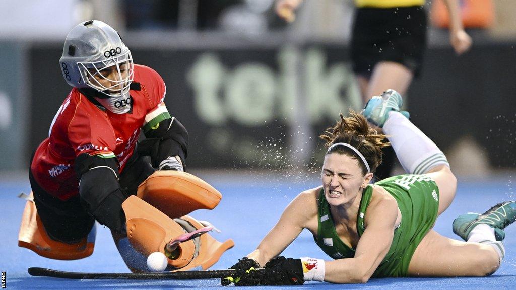 Ireland's Roisin Upton in action during the shootout against India