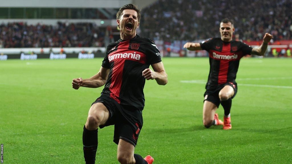 Jonas Hofmann celebrates scoring for Bayern Leverkusen v West Ham