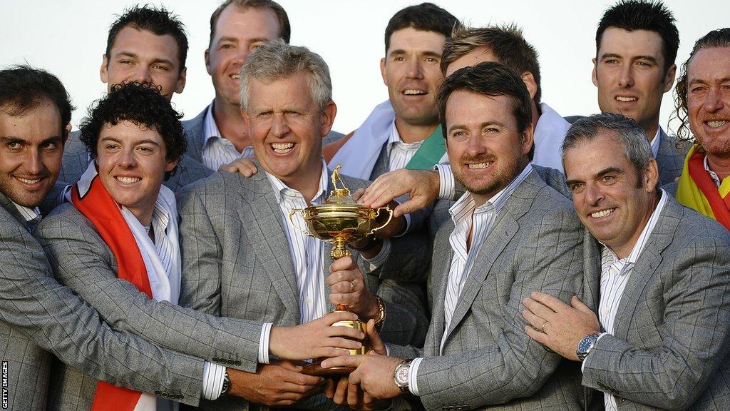 Colin Montgomerie celebrate victory in the 2010 Ryder Cup