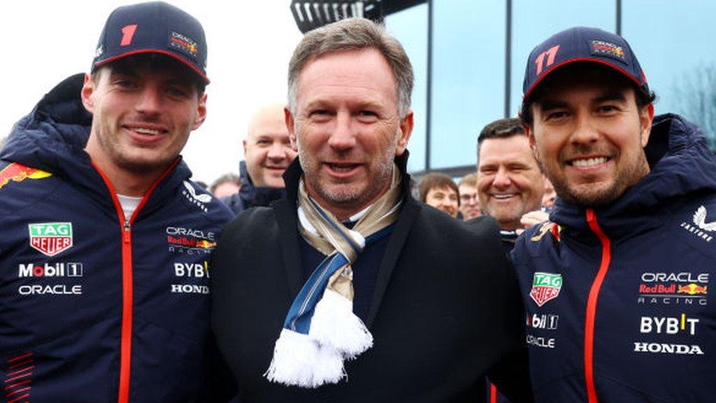 Red Bull's Max Verstappen, Christian Horner and Sergio Perez