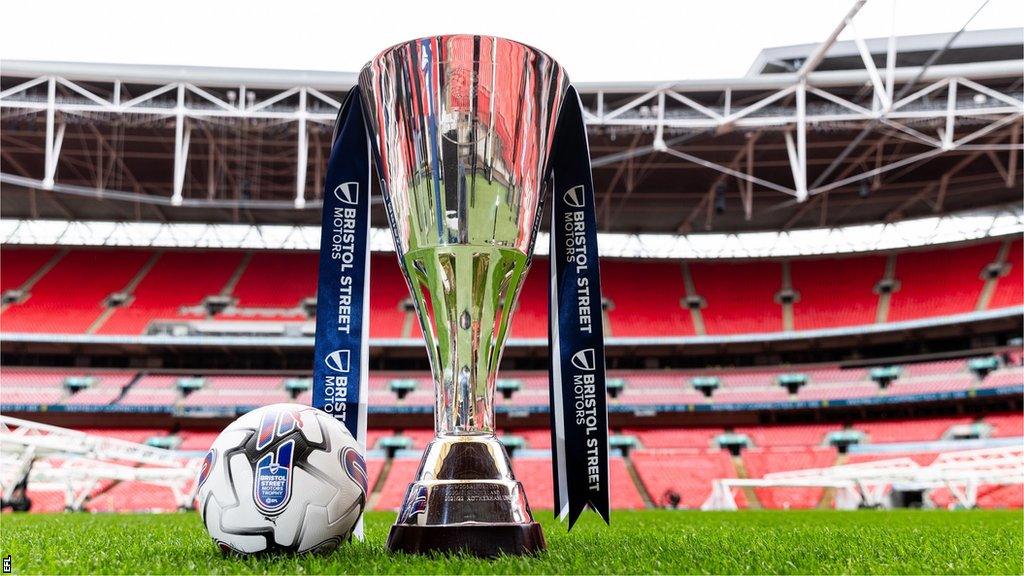 EFL Trophy and ball at Wembley Stadium by the pitch