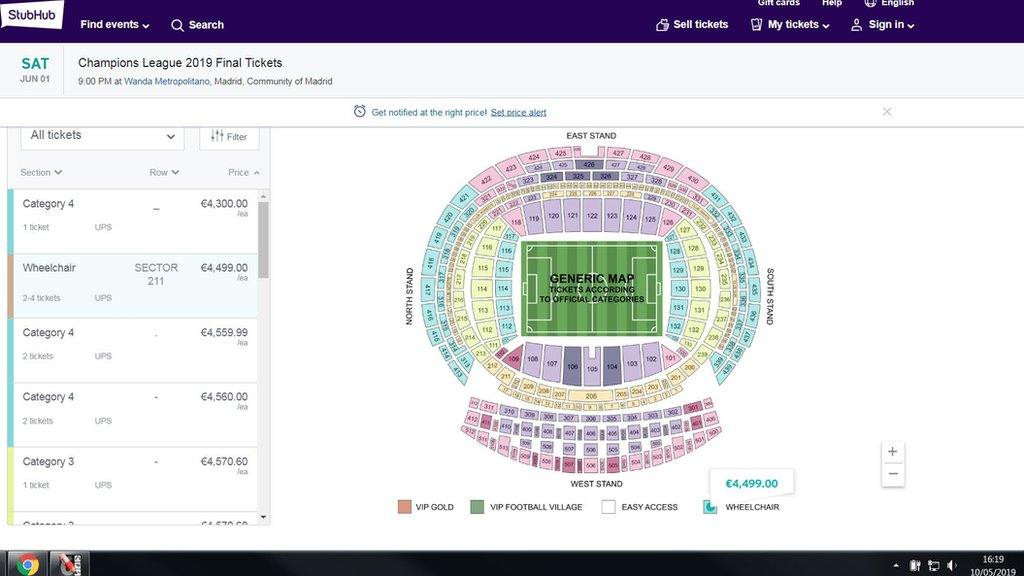 Screen shot of Stubhub selling Champions League tickets.